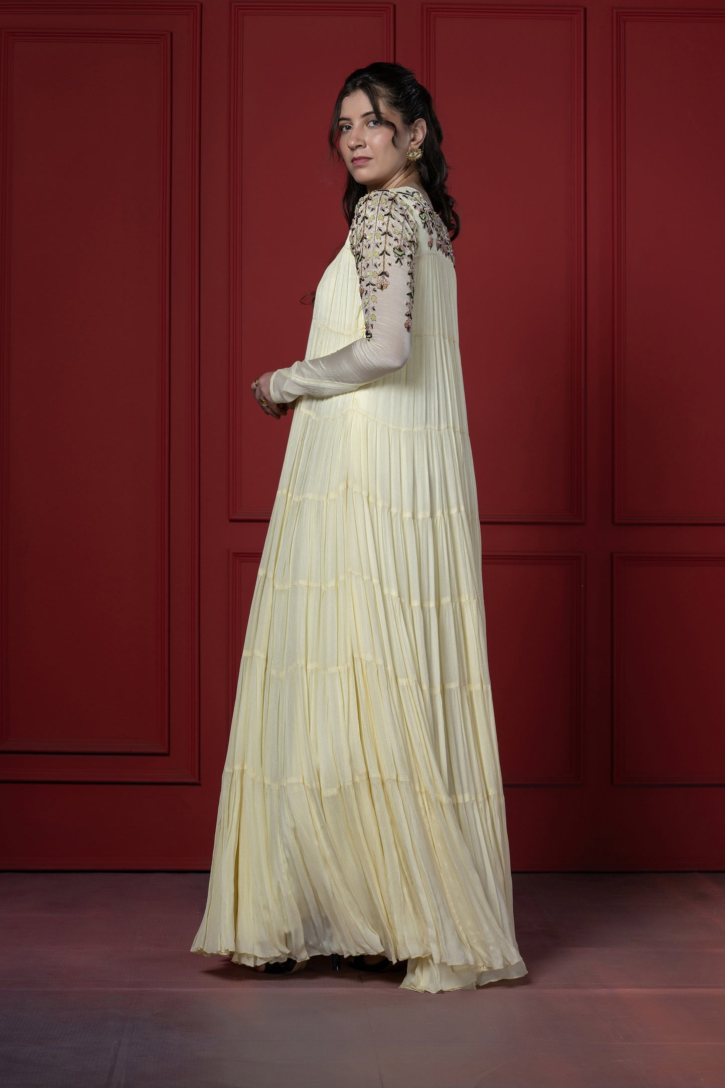 Lime Yellow Multi-Layered Chinnon Zardosi Gown