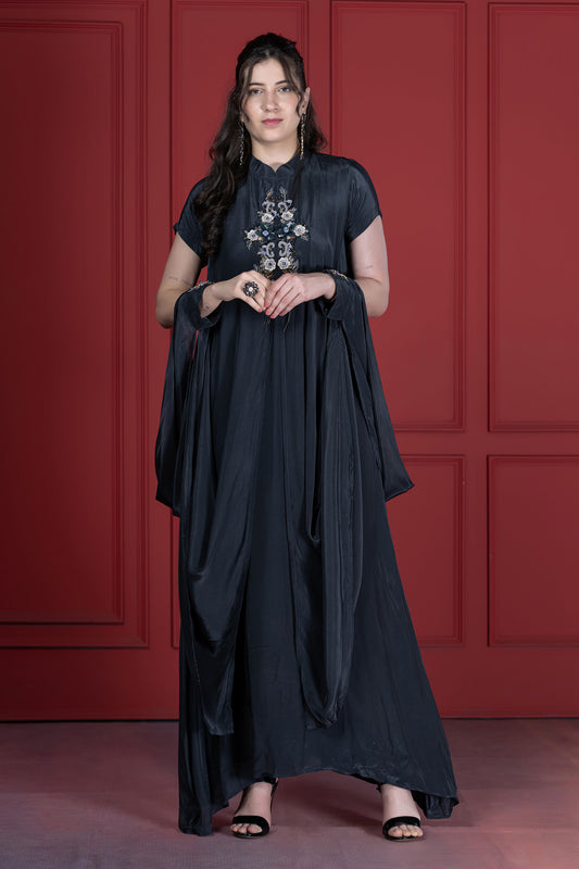 Grey Crepe Long Cuffs Tunic