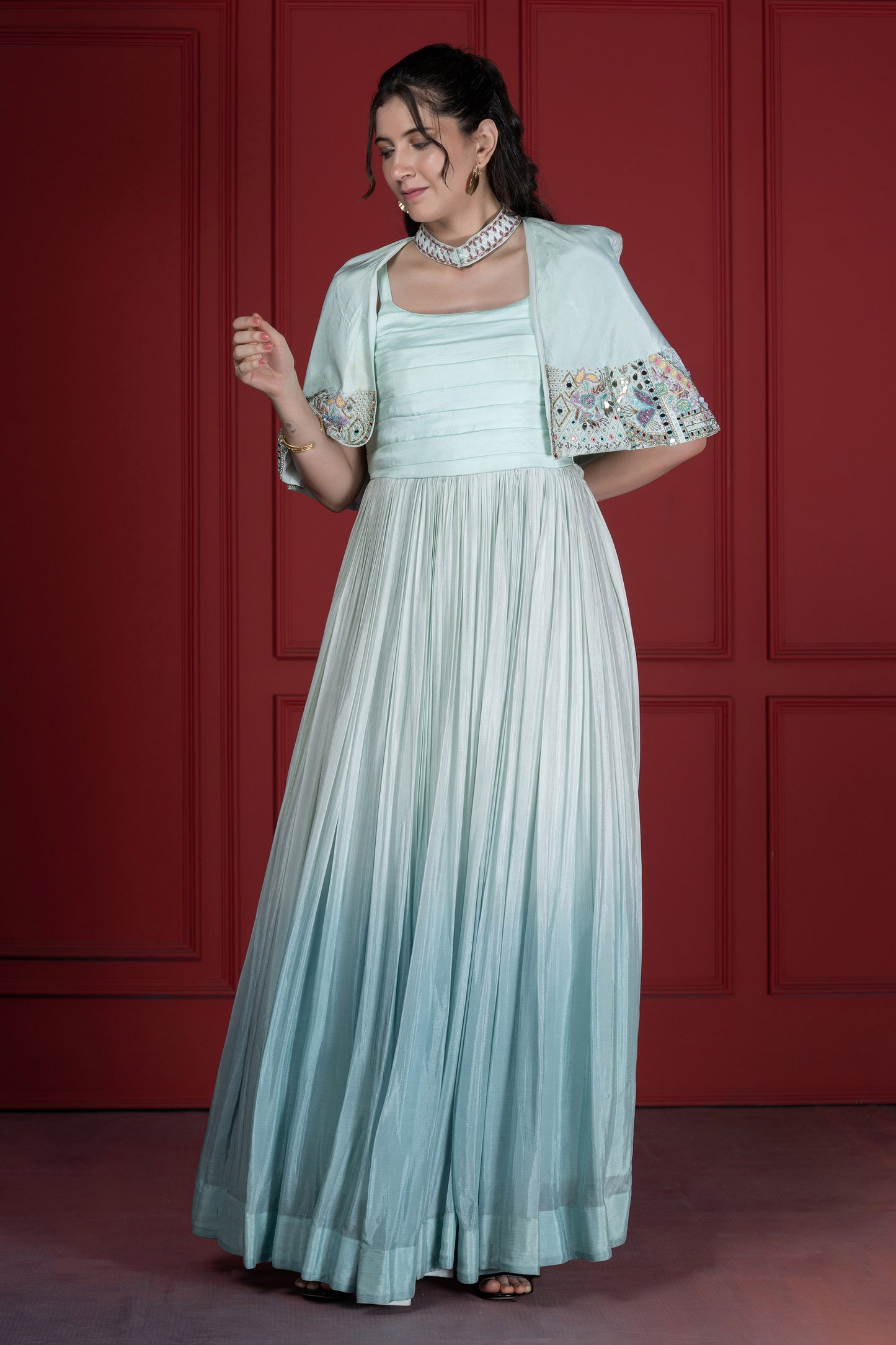 Ombré Cape Upada SIlk French knot Style Aqua blue Gown