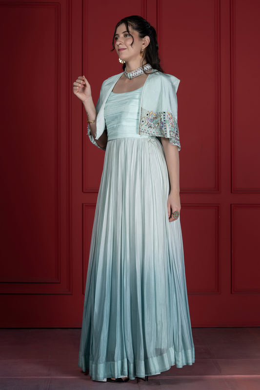 Ombré Cape Upada SIlk French knot Style Aqua blue Gown