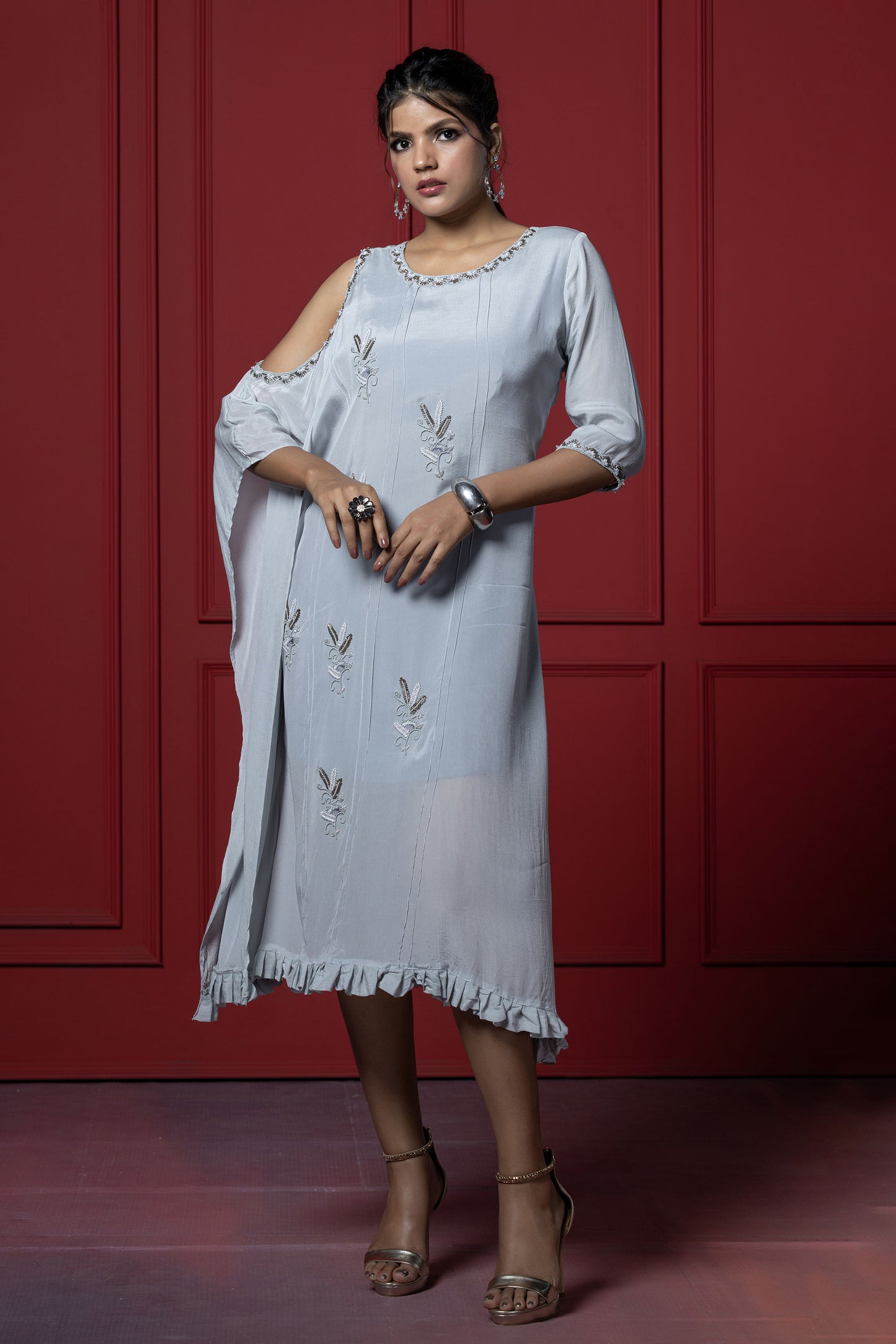 Grey Cold Shoulder Shimmer Tunic Dress