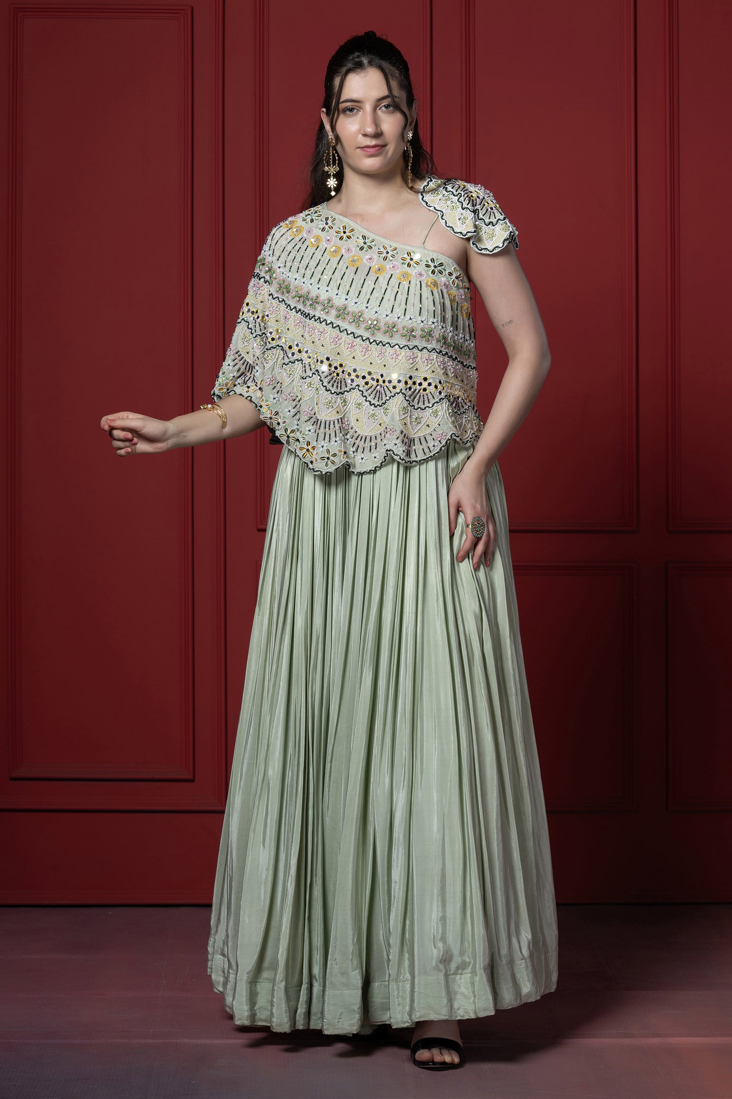 Mint Green Detachable Cape Style Gown