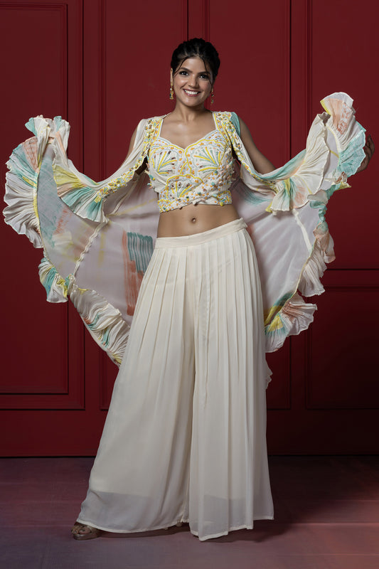 Cream Georgette Brush Dye Jacket Set