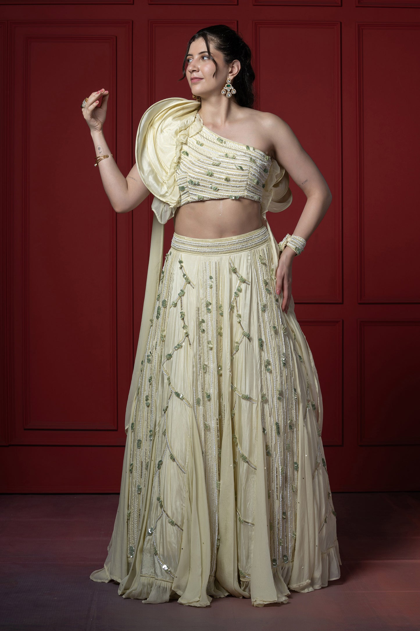 Light Green Upada Silk Heavy embroidered Lehenga with boning