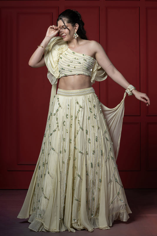 Light Green Upada Silk Heavy embroidered Lehenga with boning