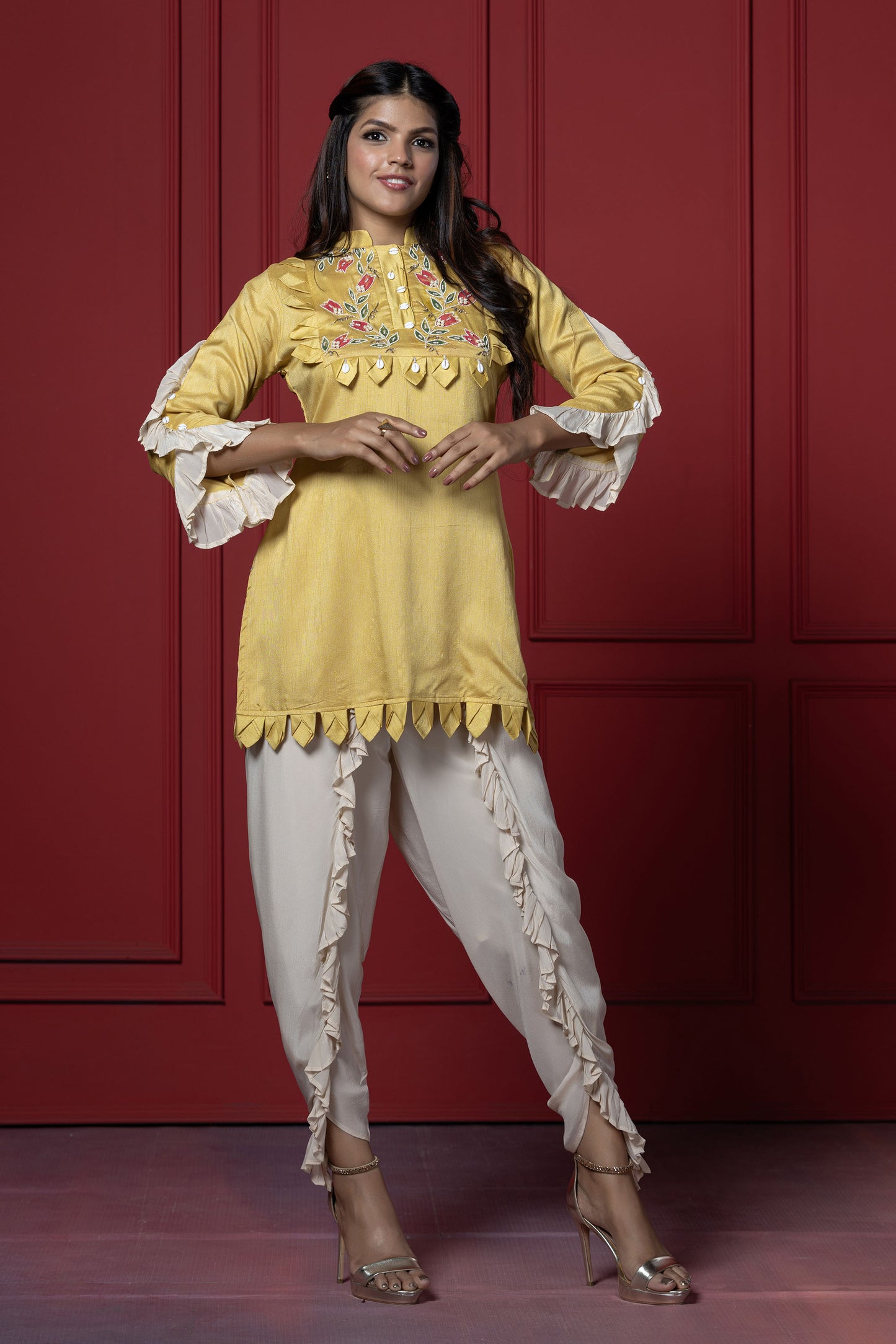 Yellow Dola Silk Floral Kurti with Dhoti