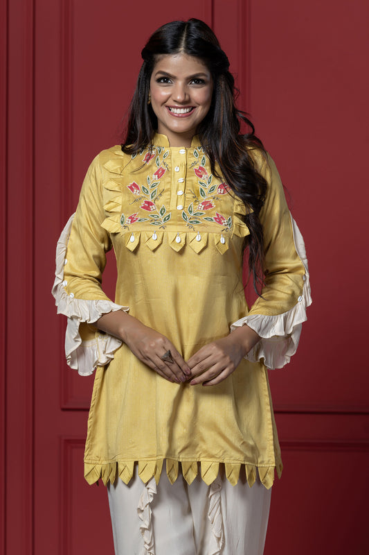 Yellow Dola Silk Floral Kurti with Dhoti