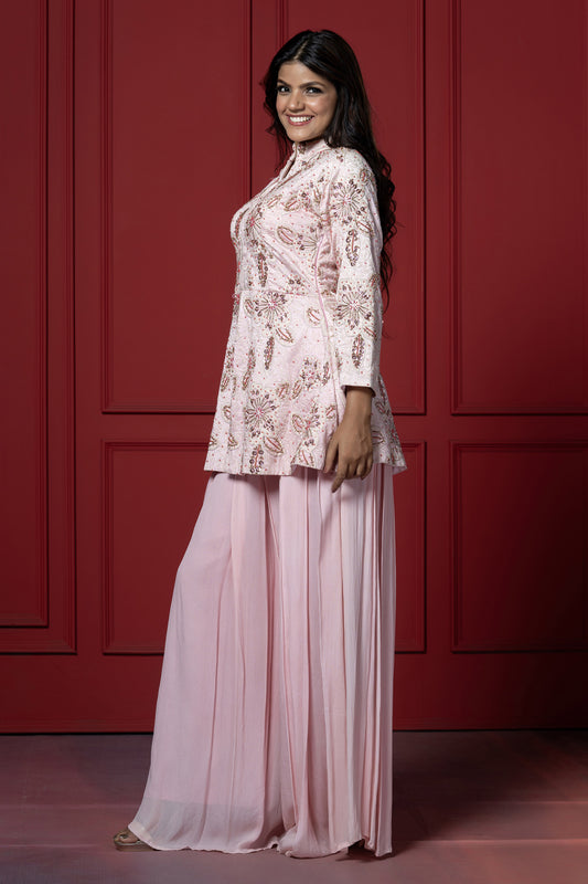 Pink Georgette Embroidered Peplum Set