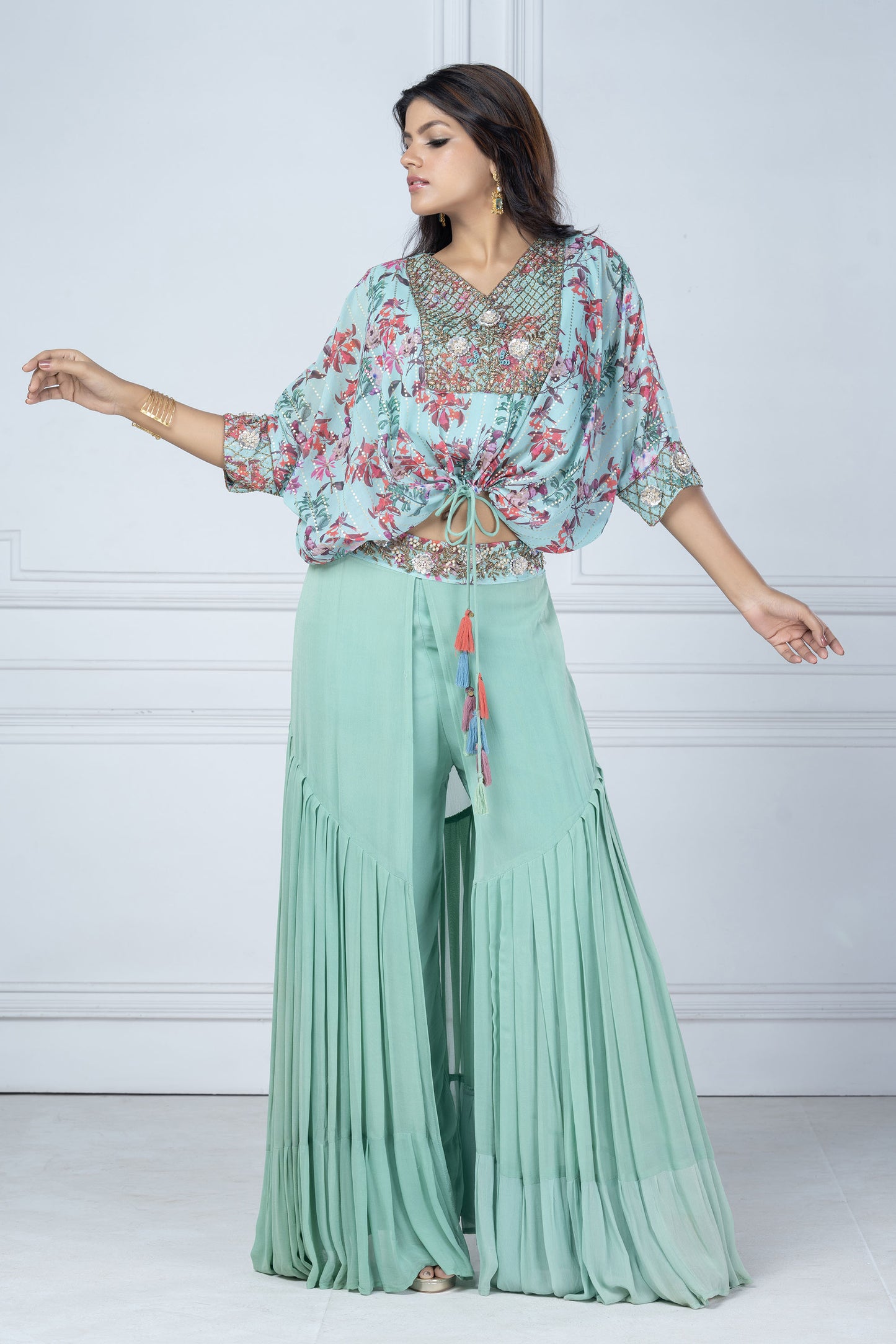 Sea Green Printed Ponchu Sharara Set
