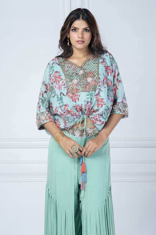 Sea Green Printed Ponchu Sharara Set