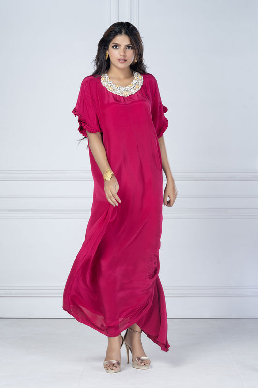 Dark Pink Crepe Crystal Necklace Tunic