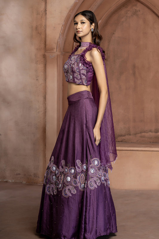 Purple Organza patch work Embroidered Lehenga Set