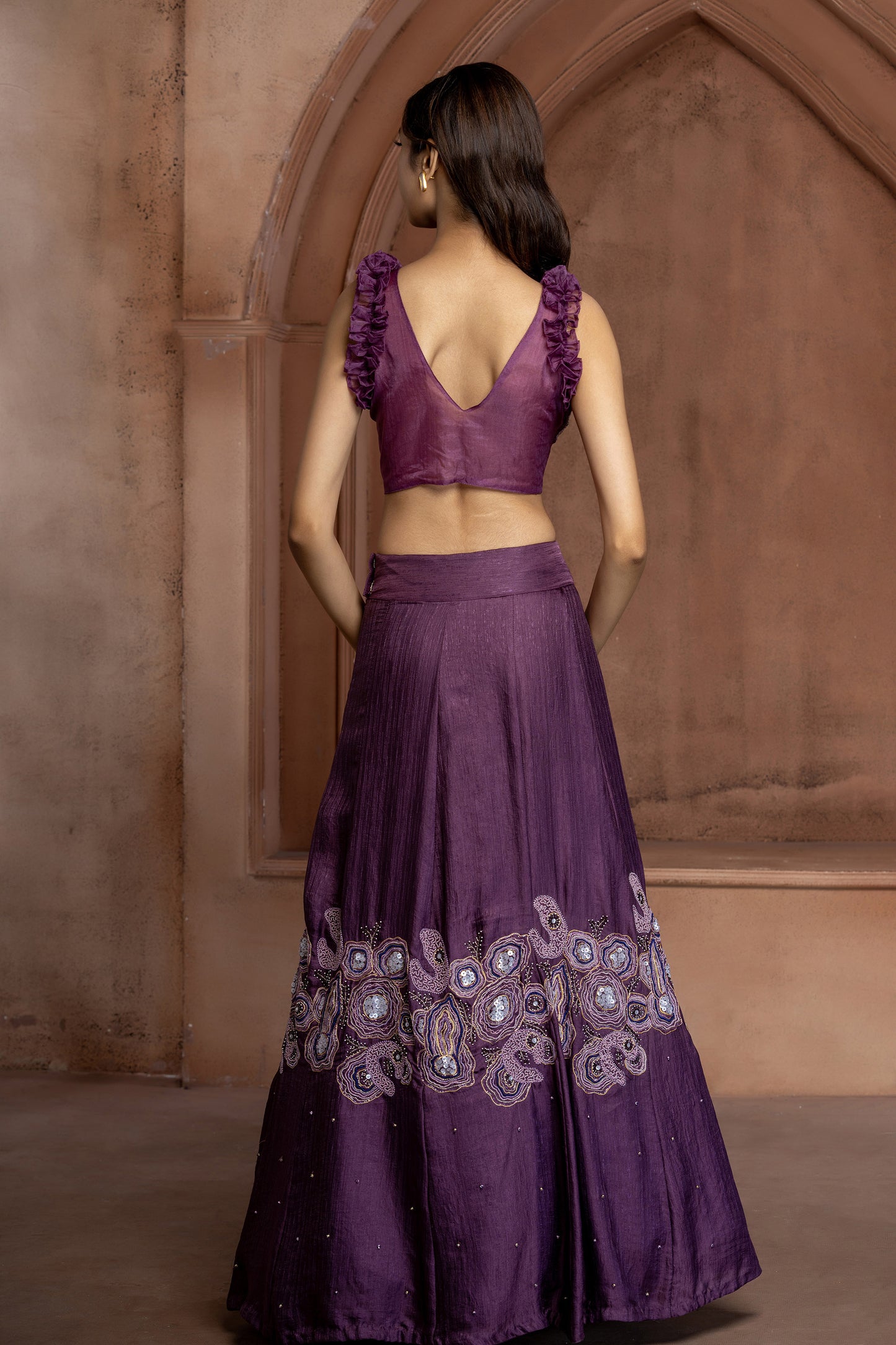 Purple Organza patch work Embroidered Lehenga Set
