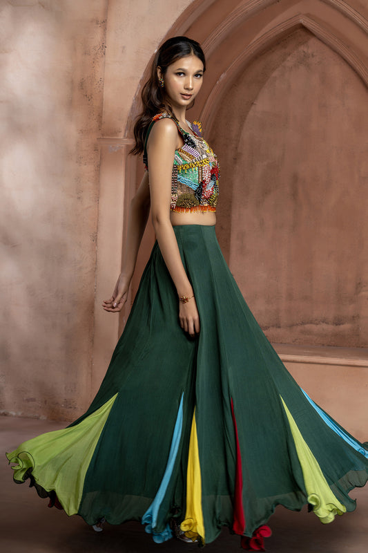 Green Chinnon Embellished Lehenga Set