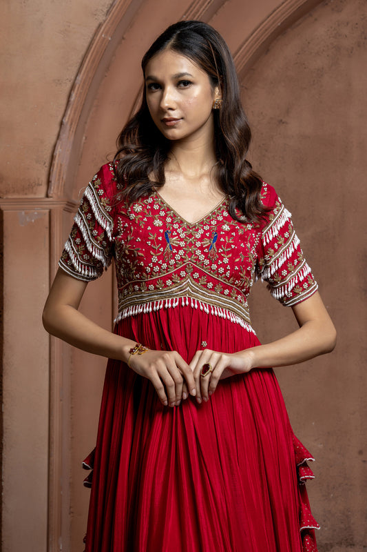 Reddish Pink Crepe Long Embellished Gown