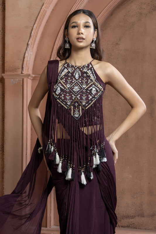 Maroon Chinnon Geometric mirror work Fringe Saree
