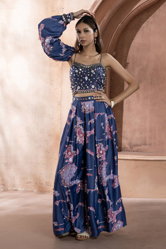 Blue Crepe Printed Embellished Jumpsuit