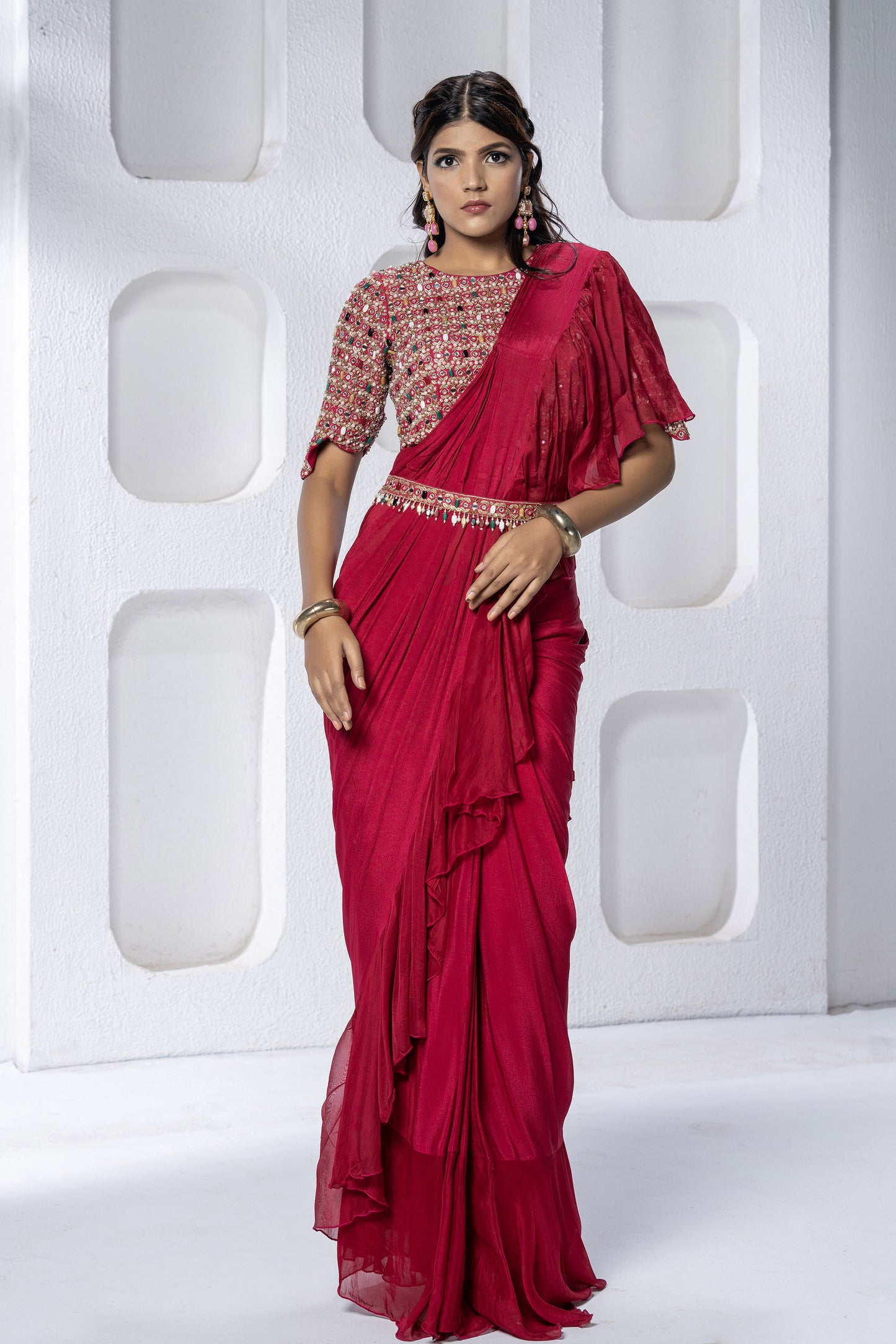 Rani Pink Chinnon Crystal Saree