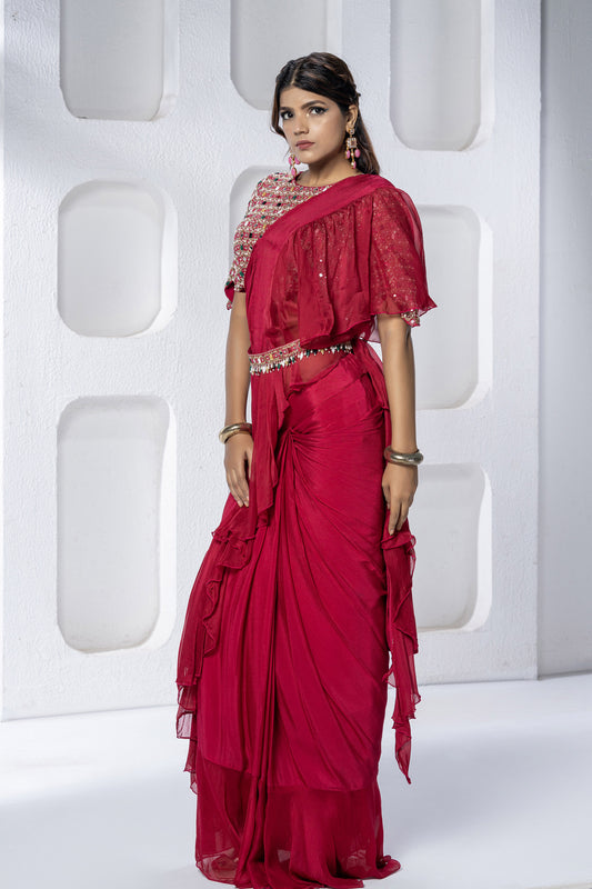 Rani Pink Chinnon Crystal Saree