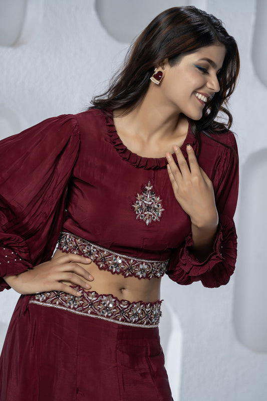Maroon Pleated Croptop and Palazzo Pant Set