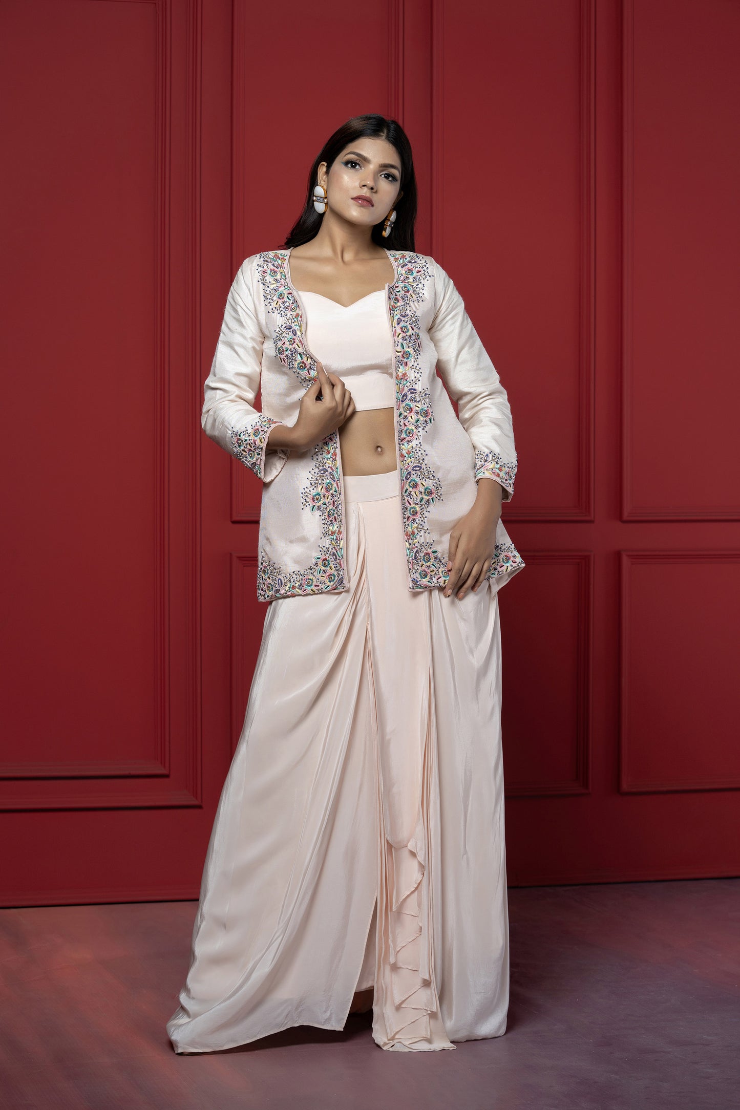 Pink Dola Silk Dhoti-Blazer Set