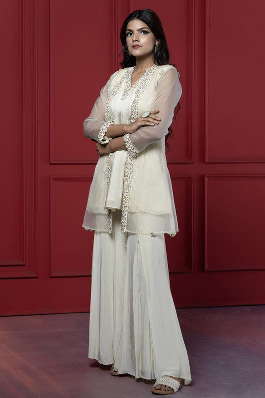 3 piece Light Yellow Palazzo Jacket Set