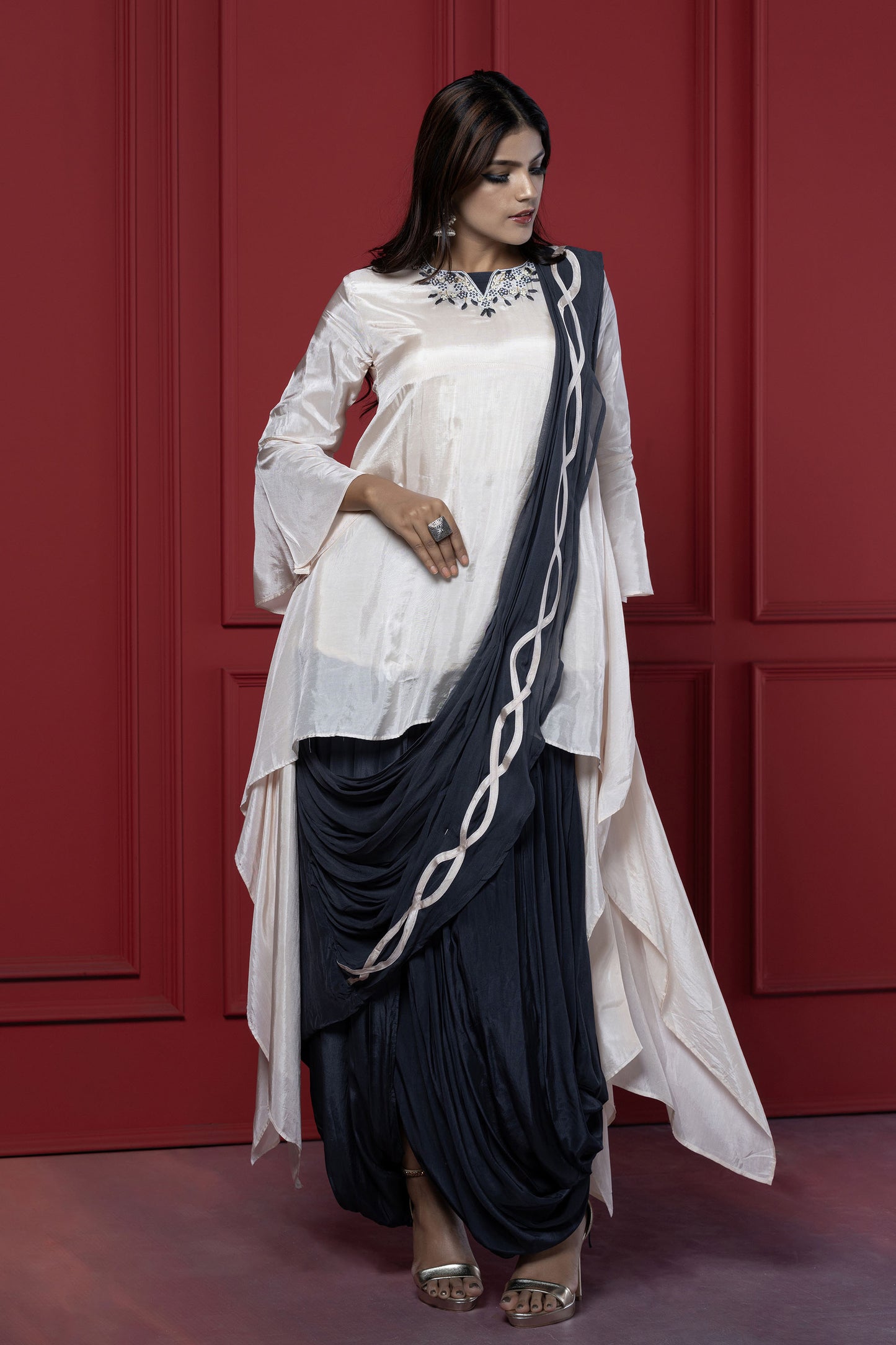 Ivory Asymmetric Drape Style Kurta set