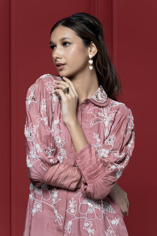 Onion Pink Overall Floral Dola Silk Pant Set