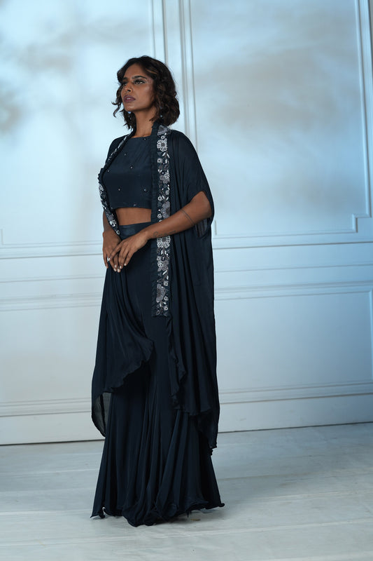 Navy Blue Chinnon Palazzo Cape Set