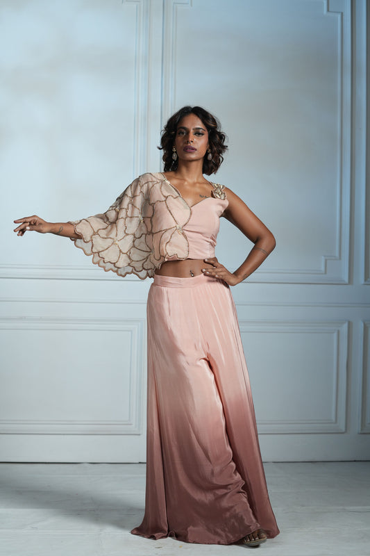 Peach Petal Drape Ombre Cutdana Palazzo Set