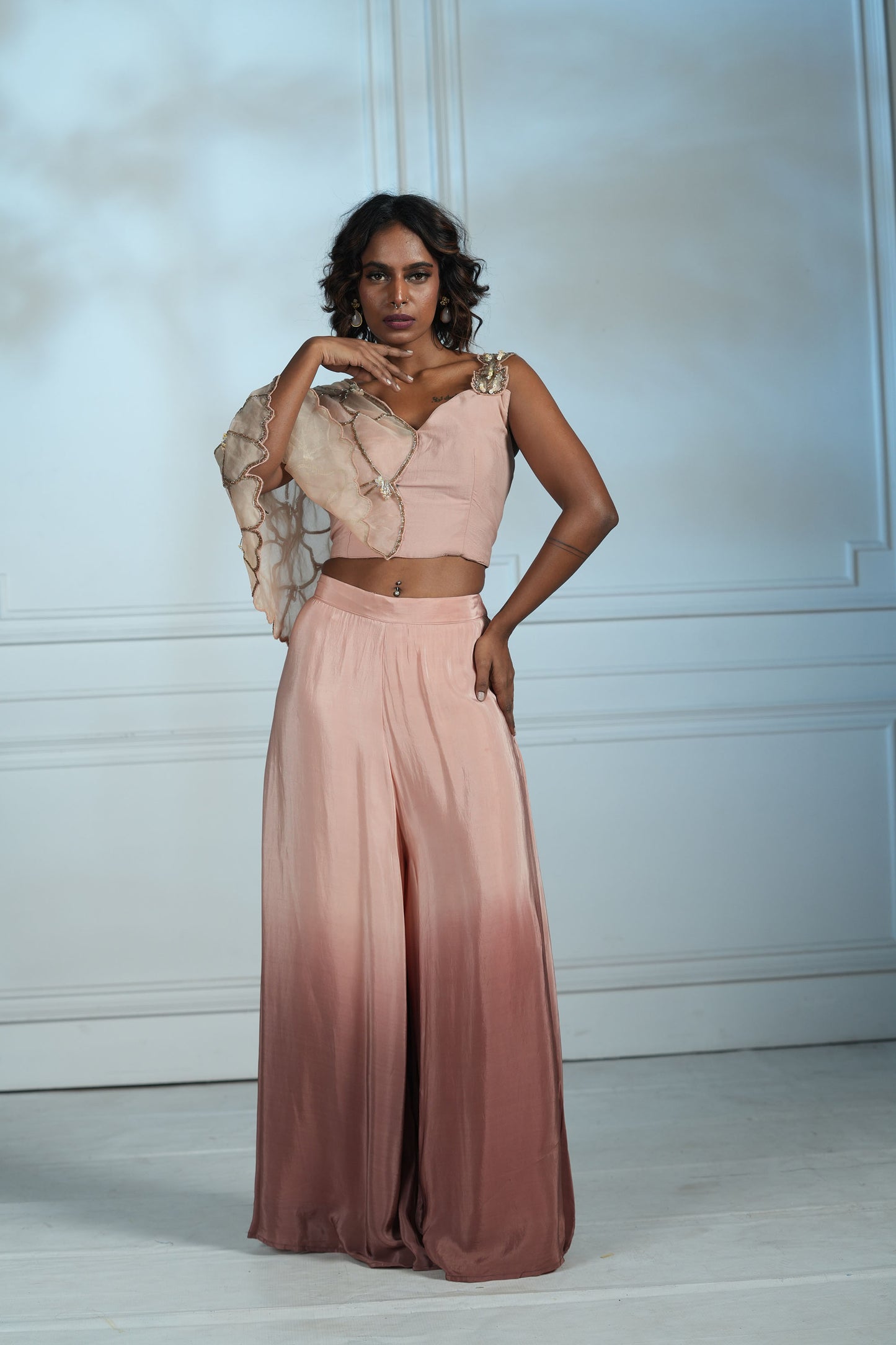 Peach Petal Drape Ombre Cutdana Palazzo Set