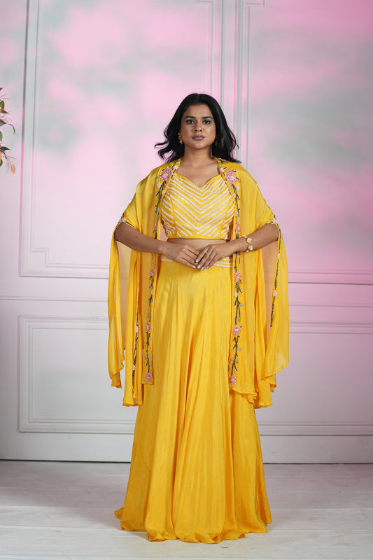 Yellow Dola Silk Cape set
