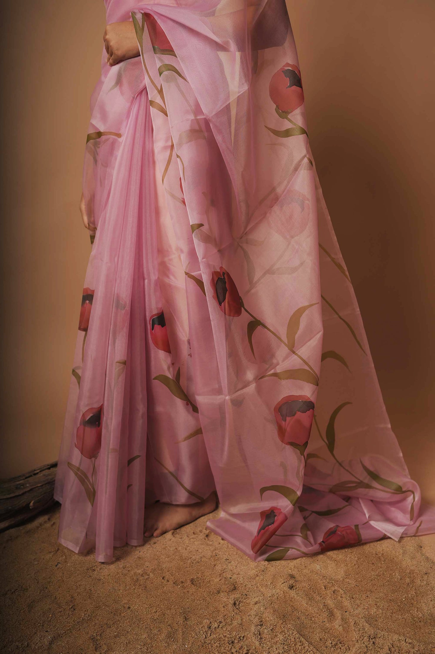 Rose Blush | Lavender Floral Hand Painted Organza Saree