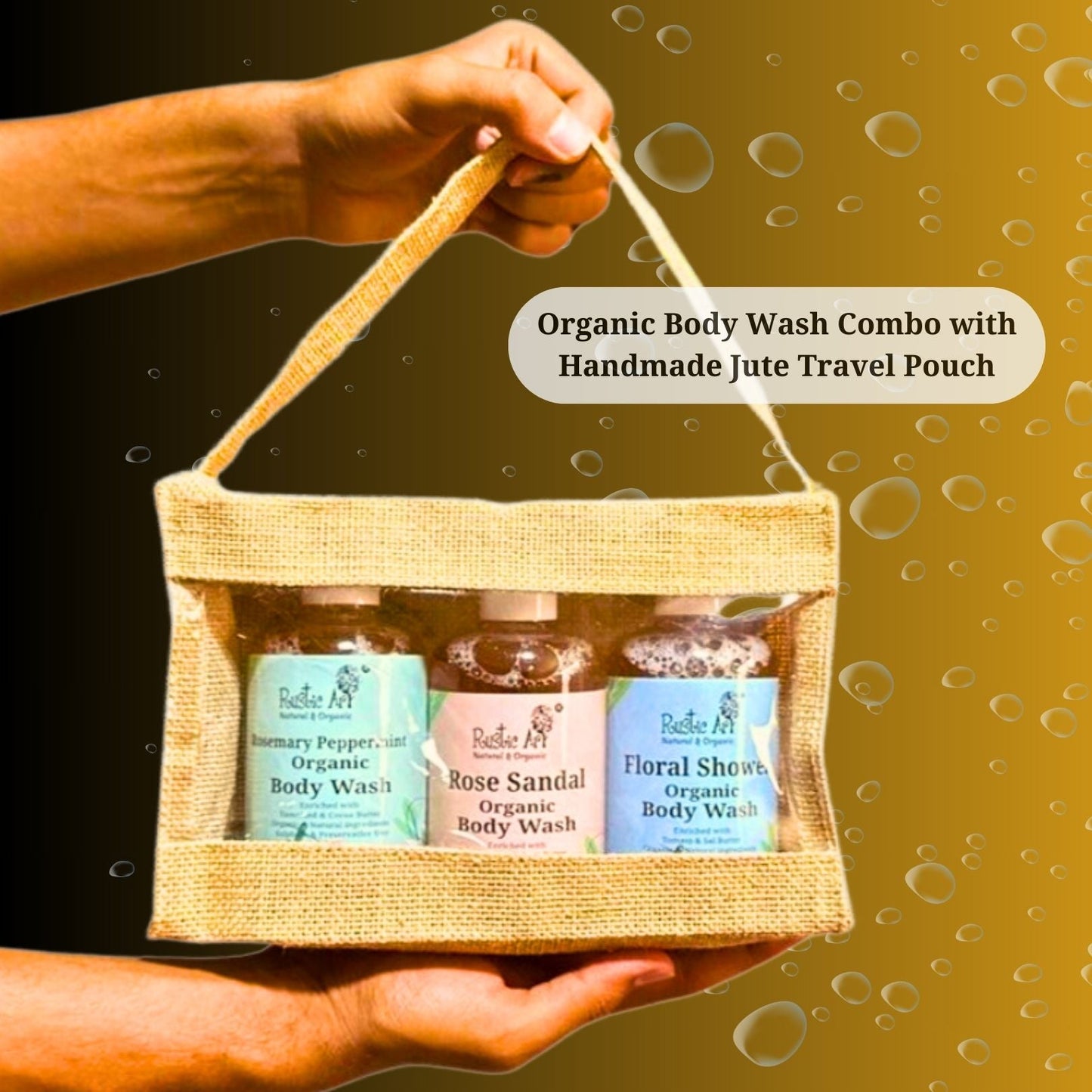 Rustic Art Organic Body Wash (Rose Sandal + Floral Shower + Rosemary Peppermint, 300 ml (Pack of 3)) with Jute Pouch Gift Pack, Rustic Art