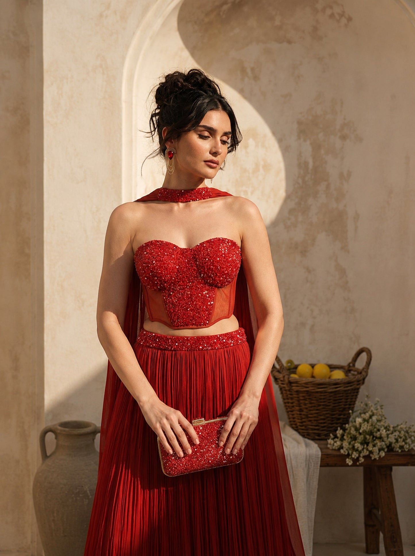 Rust Orange Corset Pure Chinnon Cutdana & Sequence Hand Work Party Wear pleated Skirt & Dupatta