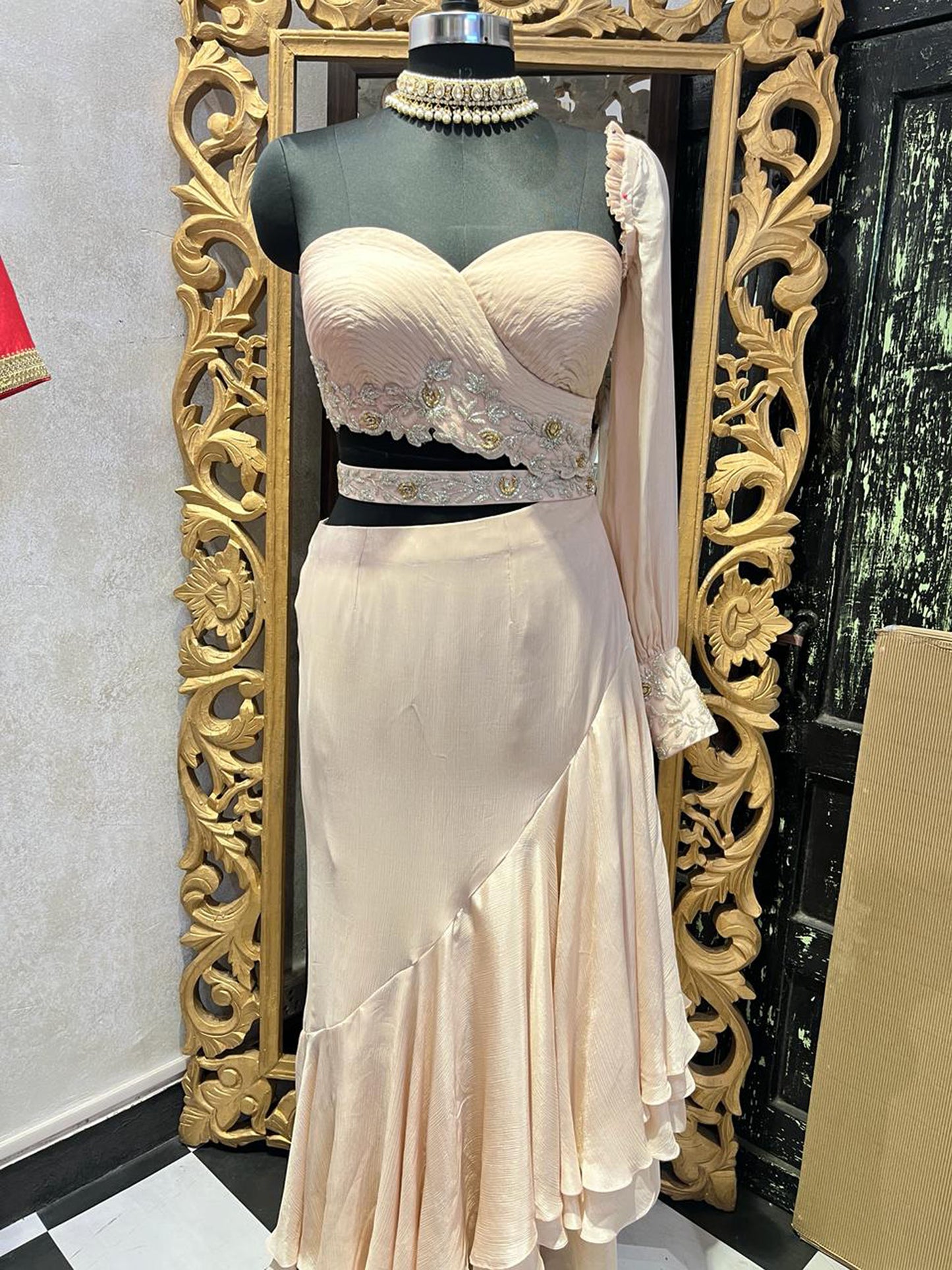 Salmon Pink Zardozi Work Chinon Draped Gown