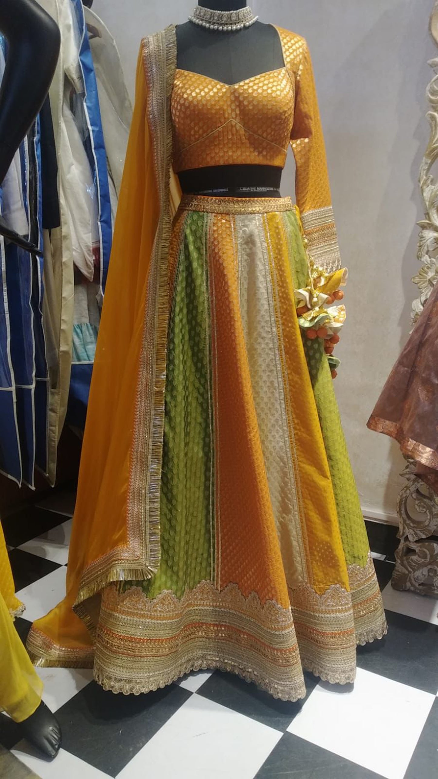 Orange and Green Zardozi Work Banarasi Silk Lehenga