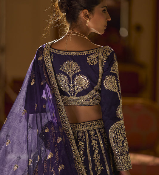 Navy Blue Silk With Zari , Sequins Work Wedding Lehenga Choli