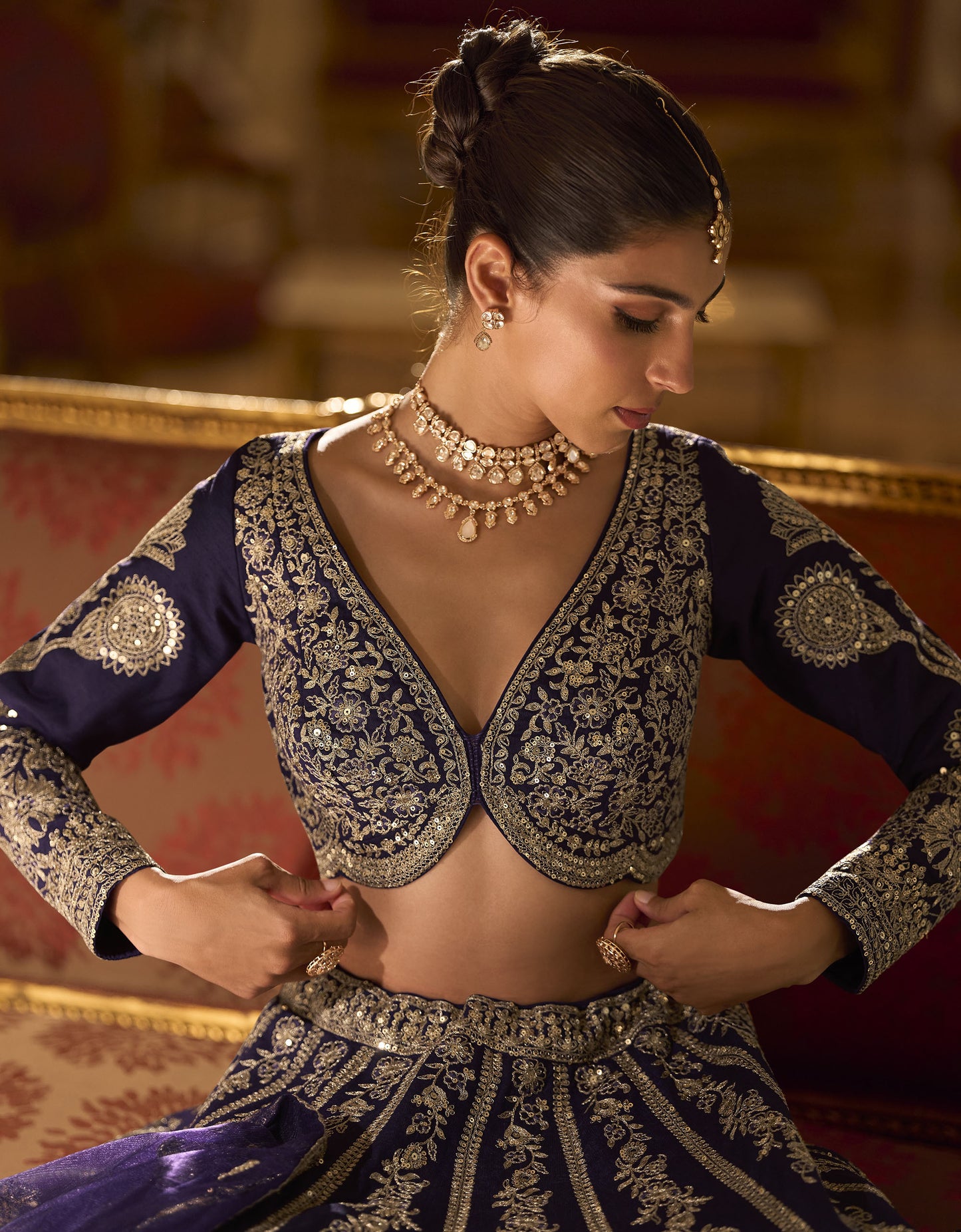 Navy Blue Silk With Zari , Sequins Work Wedding Lehenga Choli