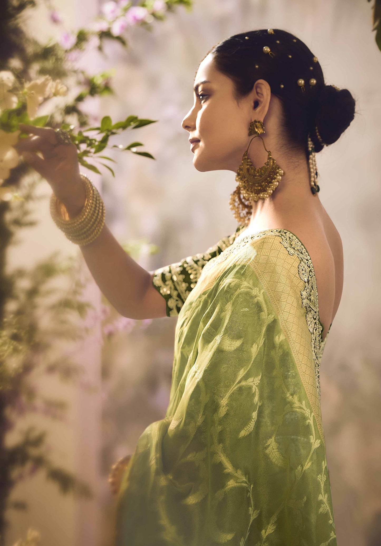 Olive Green Banarasi Zari Tissue Khwahish Wedding Saree