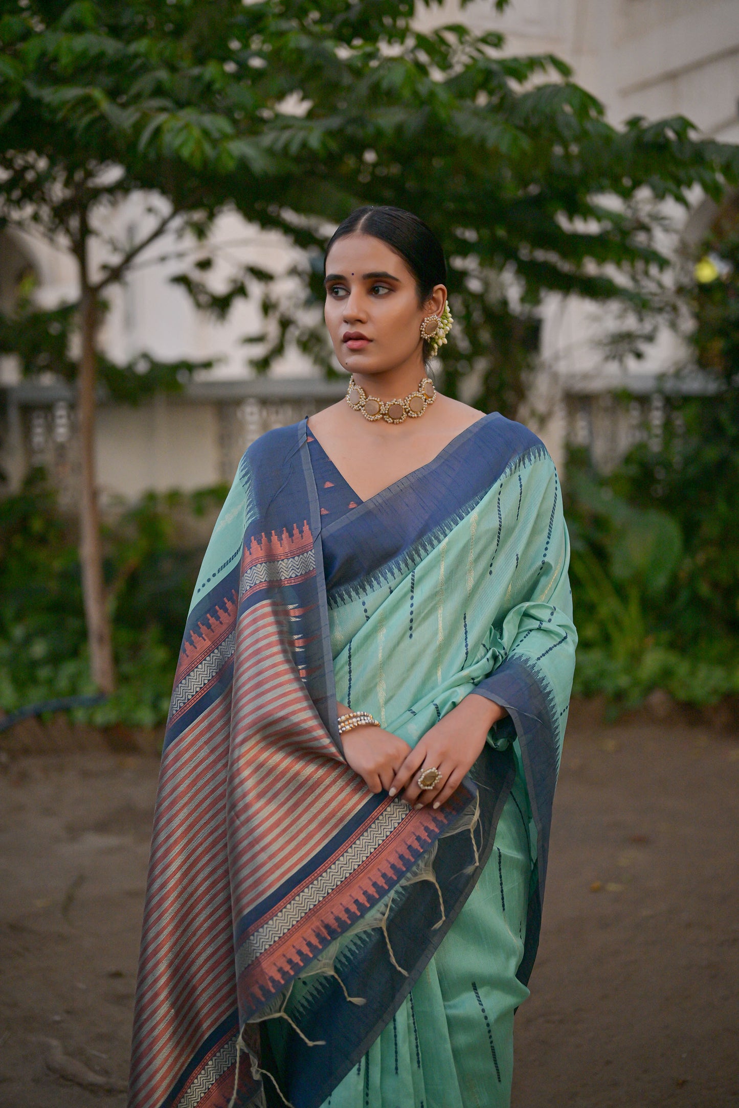 Salar Ikkat Sea Green Raw Silk Zari woven Saree