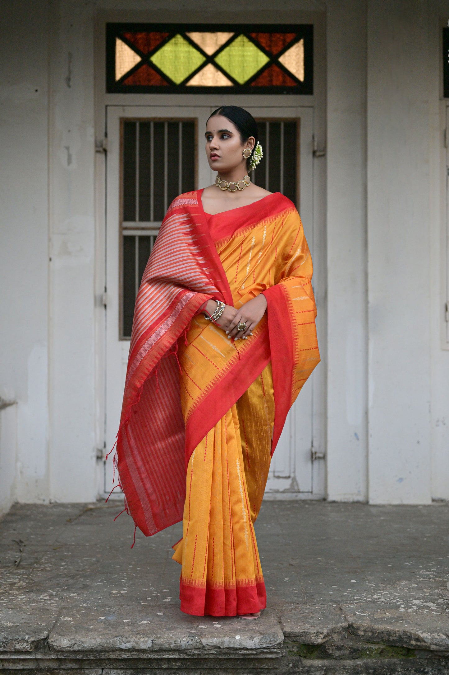 Salar Ikkat Yellow Raw Silk Zari woven Saree