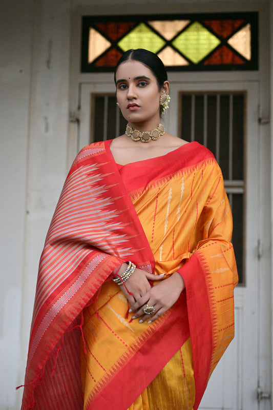 Salar Ikkat Yellow Raw Silk Zari woven Saree