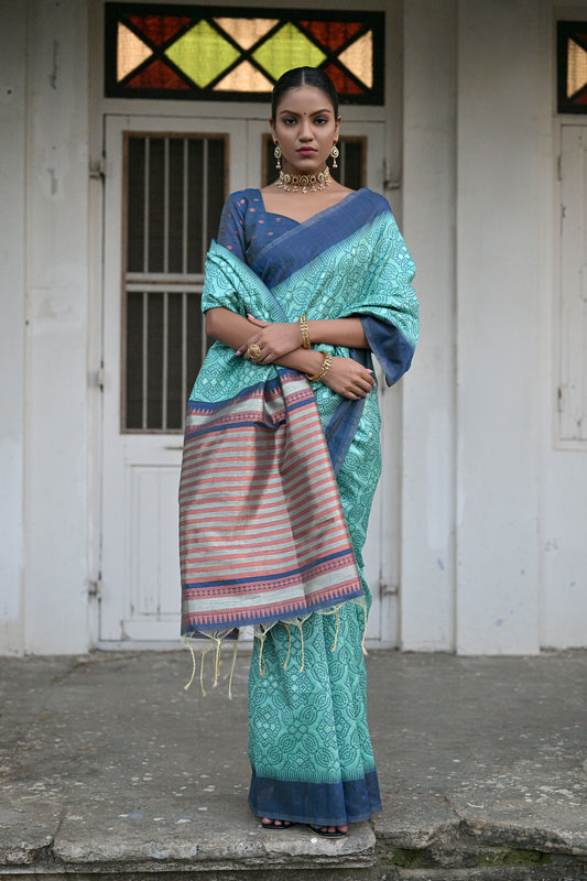Salar Ikkat Sea Green Raw Silk Zari woven Bandhani Saree