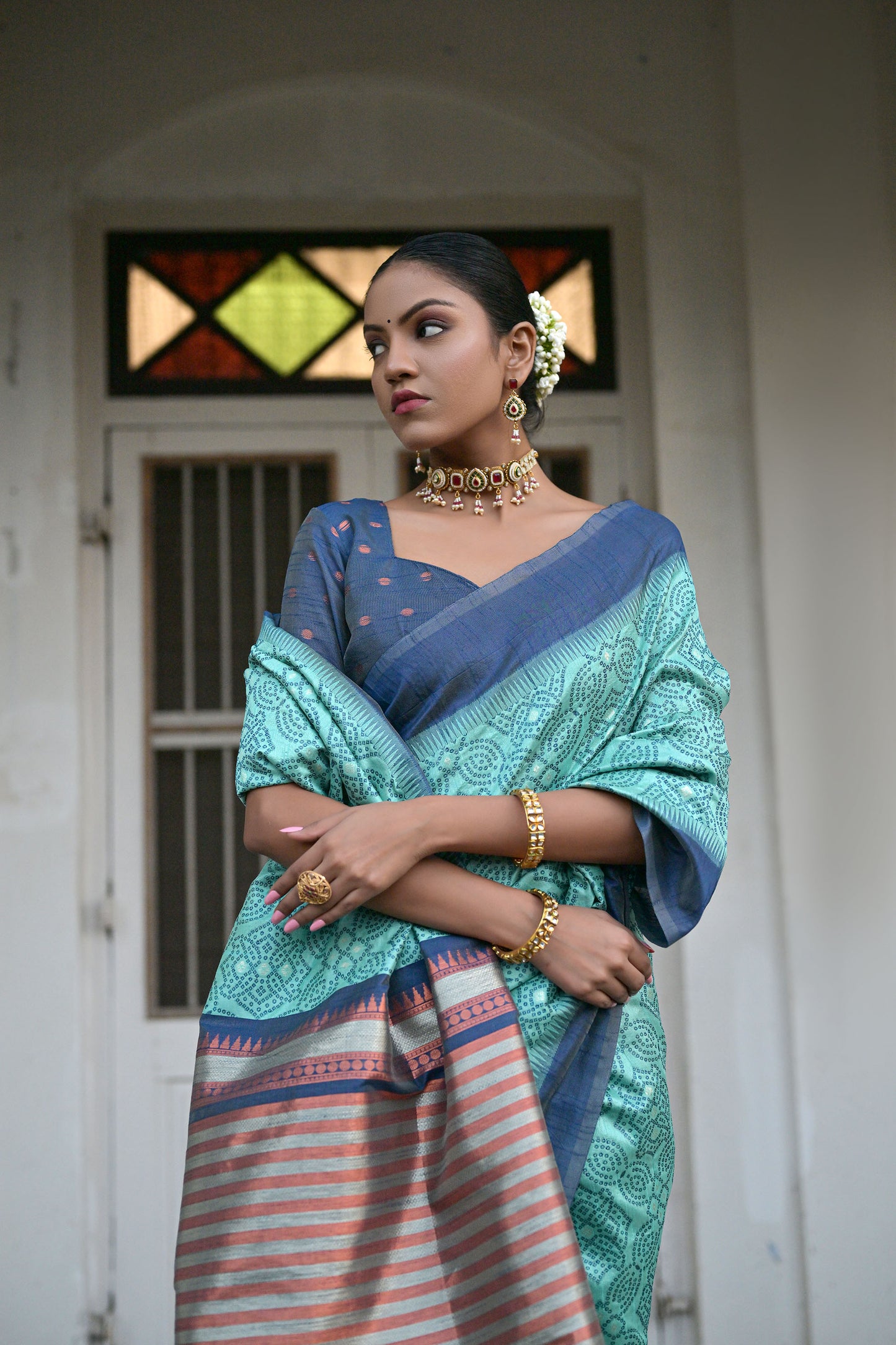 Salar Ikkat Sea Green Raw Silk Zari woven Bandhani Saree