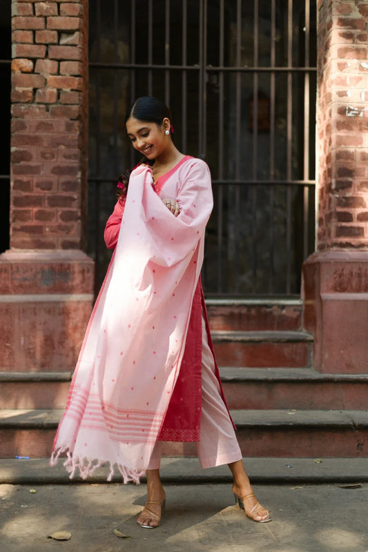 Flamingo Pink Pure South Cotton Woven Kurta Set with Dupatta