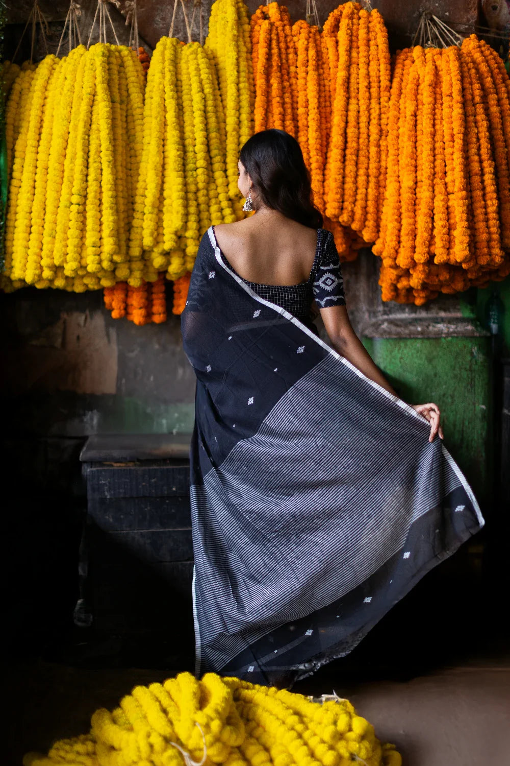 Handloom Black Pure Mul Cotton Jamdani Saree with White Motifs