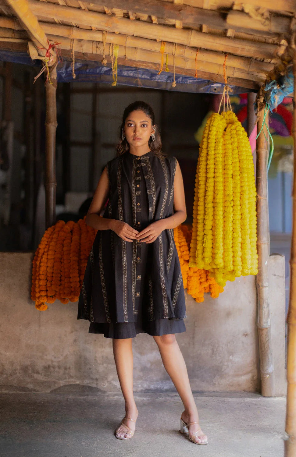 Noir Black South Cotton Dress with Shrug  Mohi fashion