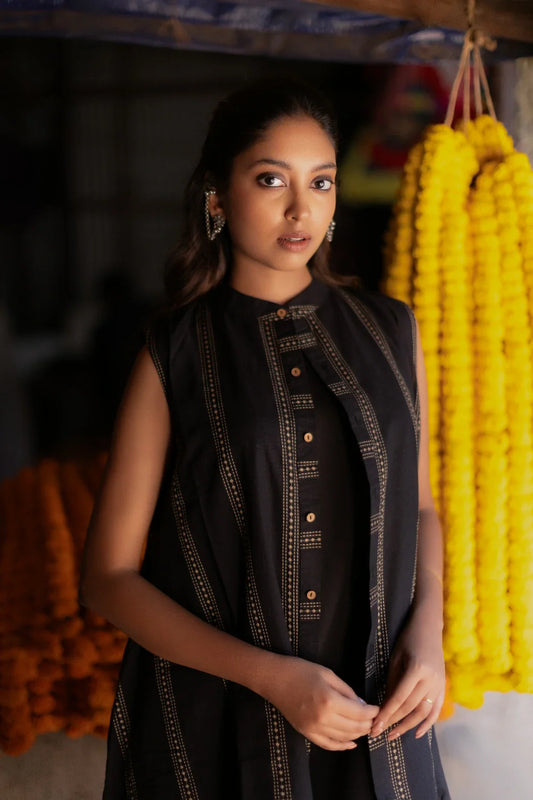 Noir Black South Cotton Dress with Shrug