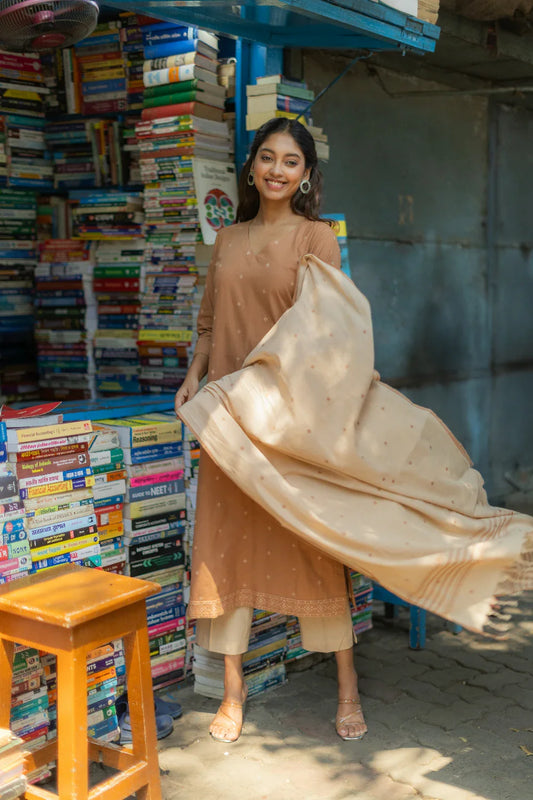 Biscuit Beige Pure South Cotton Woven Kurta Set with Dupatta